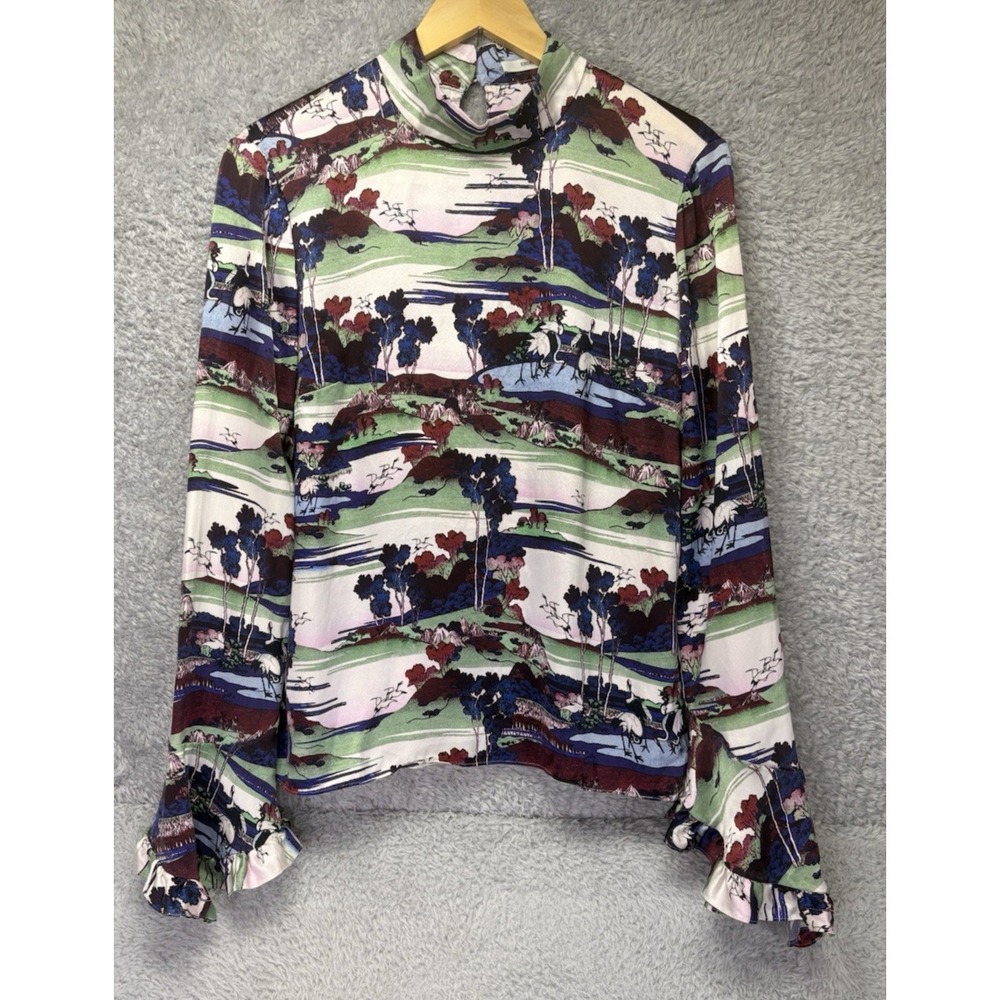 Erdem Lindsey Silk Blouse Womens US 10 UK 14 Bird Print Mock Neck Long Sleeve